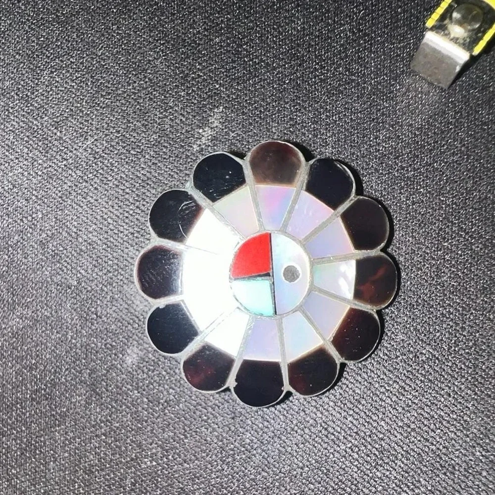 Zuni Sunface Sterling Silver Inlay Pendant Brooch Pin Mother of Pearl EDS Signed